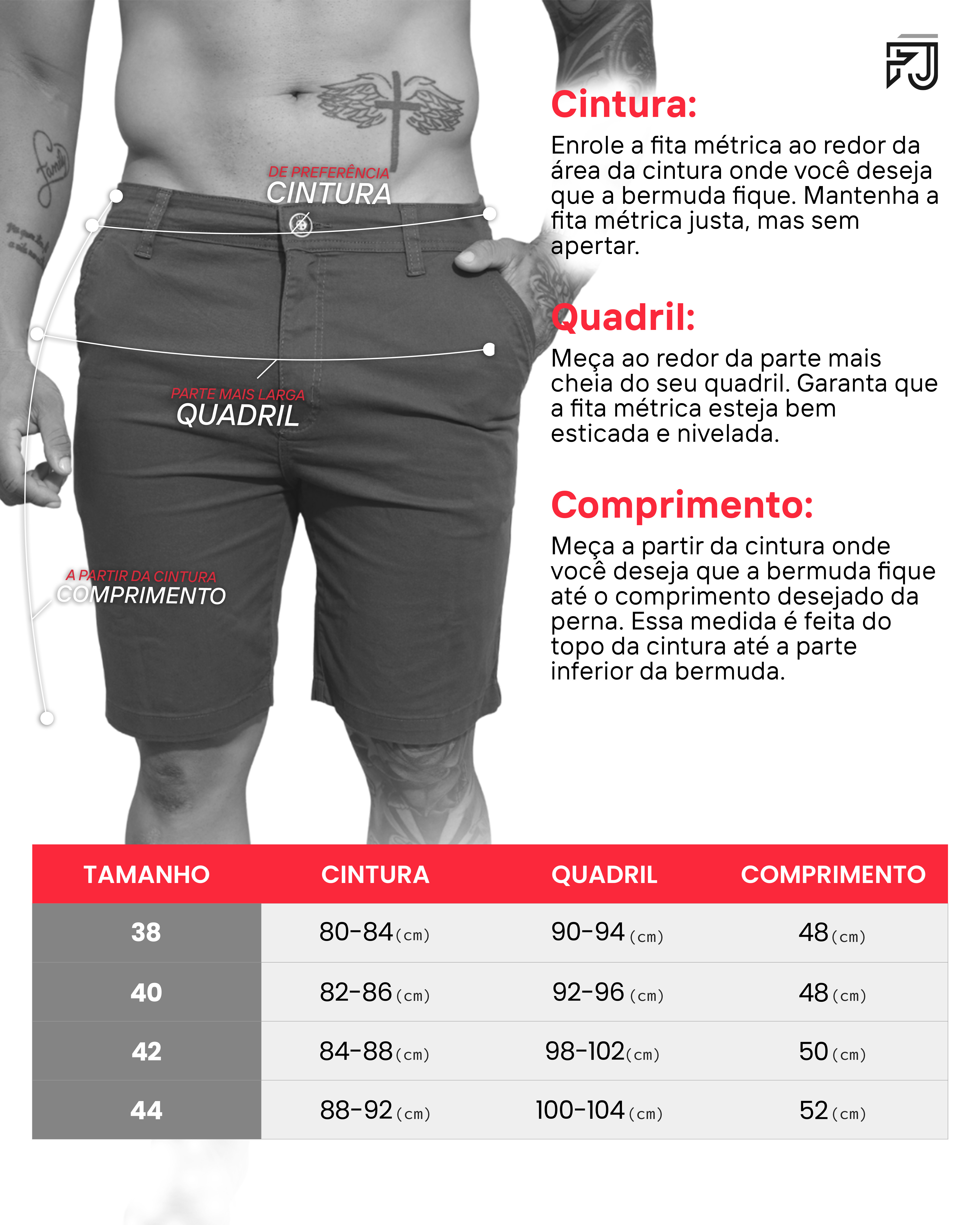 Tabela de medidas shorts sarja